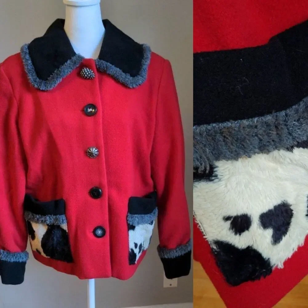 Vintage 90s Mailk Wool Jacket Cow Print Blazer Art to Wear Cottagecore Small